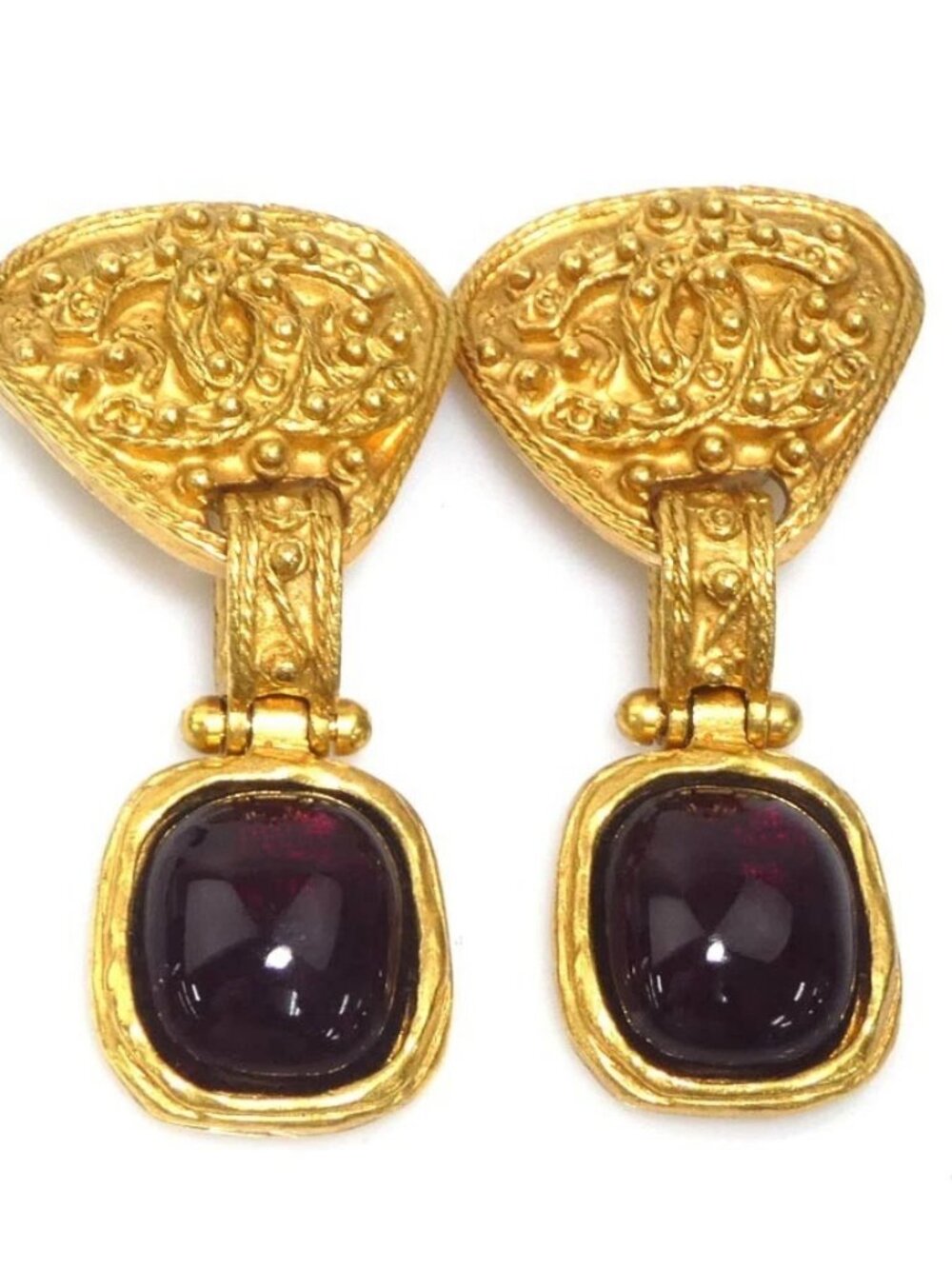 CHANEL CC Logo Clip on Earrings Gold/Dark Red Metal/Glass Stone